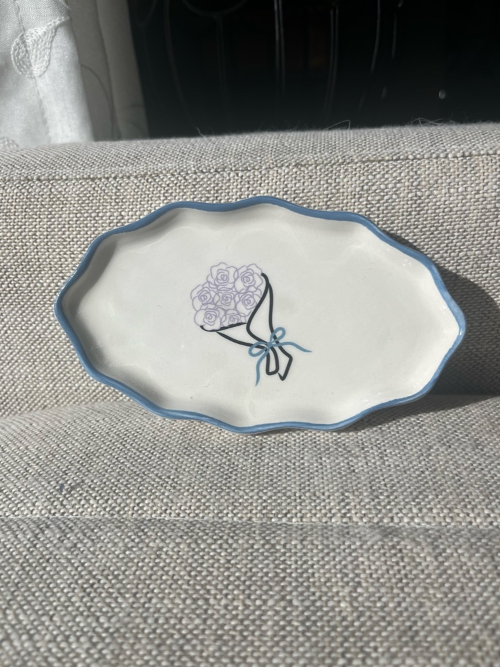 Floral Bouquet Ceramic Trinket Dish with Blue Rim